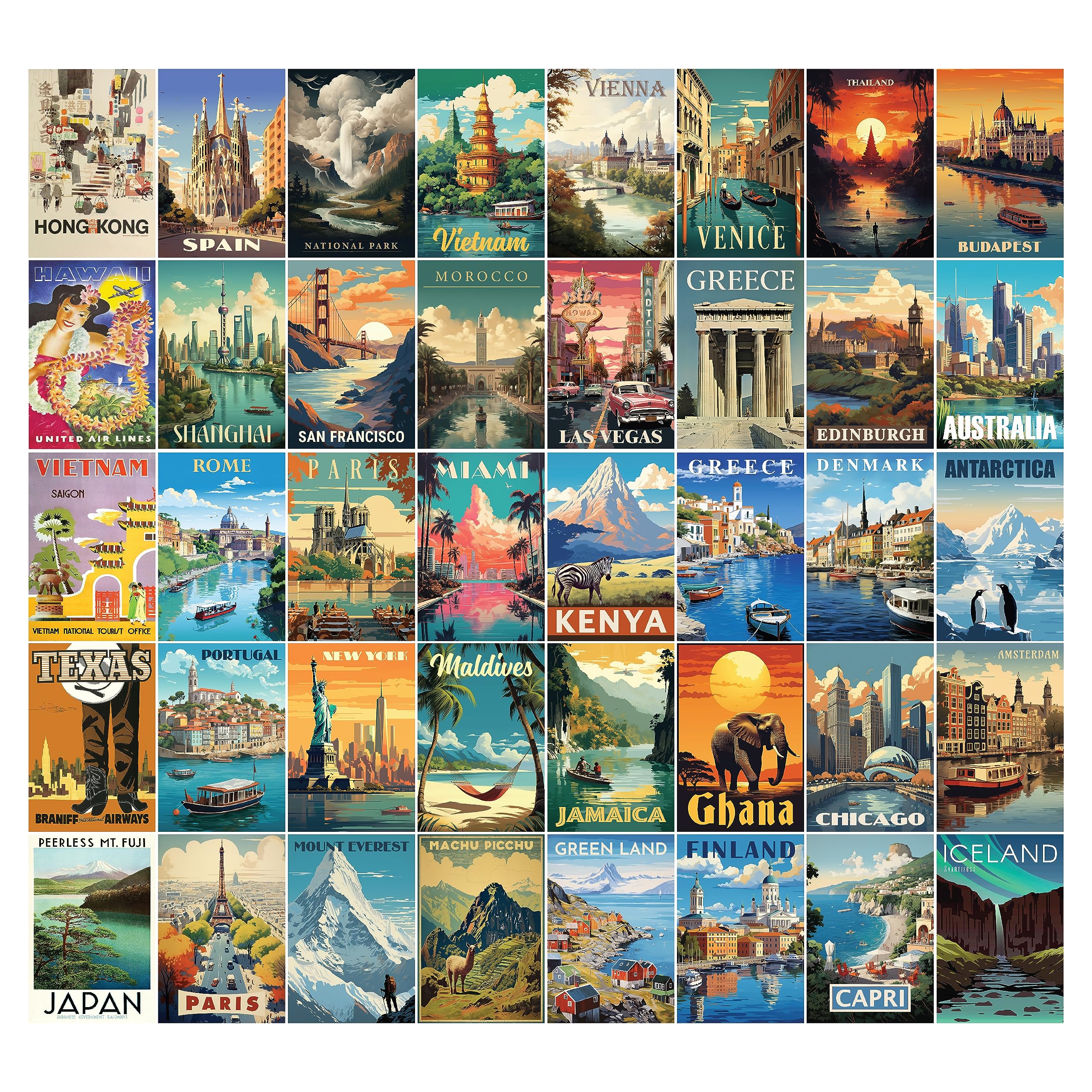 97 Decor Vintage Travel Decor Posters - World Travel Wall Art Prints, Retro Popular Cities Photo Collage Kit, Trendy City Landscape Aesthetic Pictures for Teen Dorm Bedroom (40 Pcs, 4"x6")