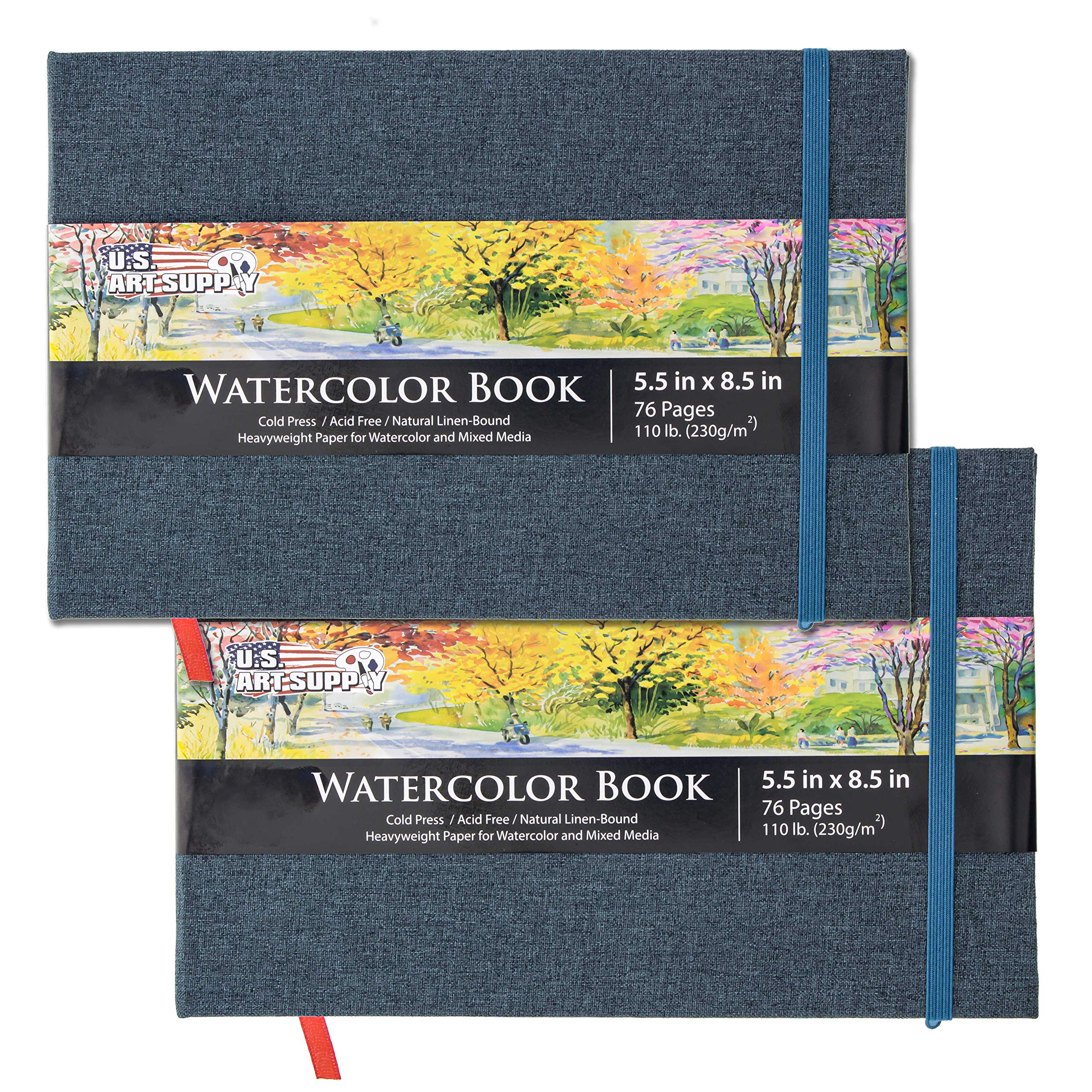 U.S. Art Supply 5.5" x 8.5" Watercolor Book, 2 Pack, 76 Sheets, 110 lb (230 GSM) - Linen-Bound Hardcover Artists Paper Pads - Acid-Free, Cold-Pressed, Brush Painting & Drawing Sketchbook Mixed Media