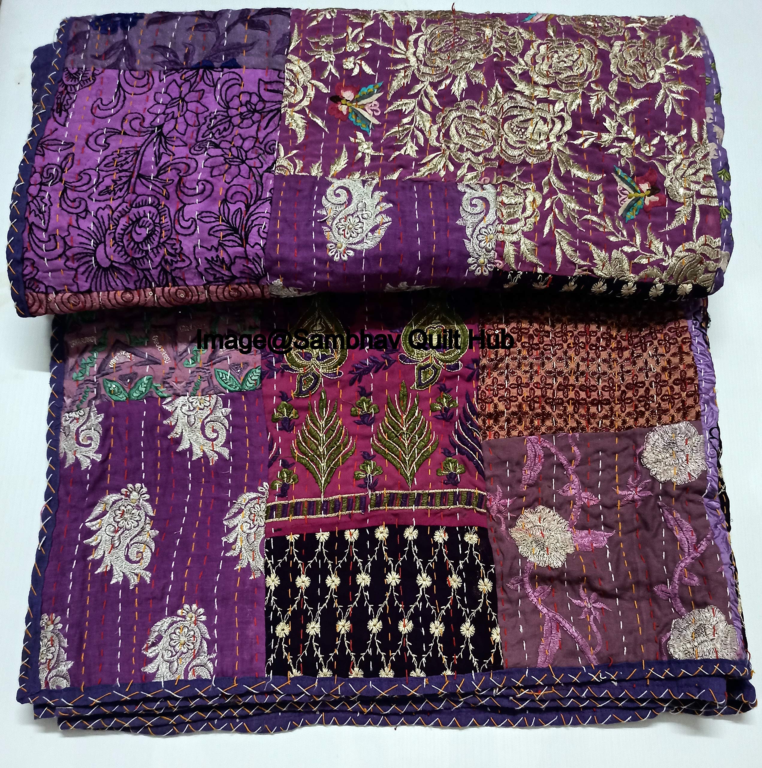 Embrodiery Beautiful Handmade Vintage Silk Sari Jari Patchwork Khambhadiya Kantha Quilting Kantha Quilt Reversible Bed Cover Assoted Kantha Quilt Throw Blanket/Twin/Queen/King (Purple, 60X90 inches)