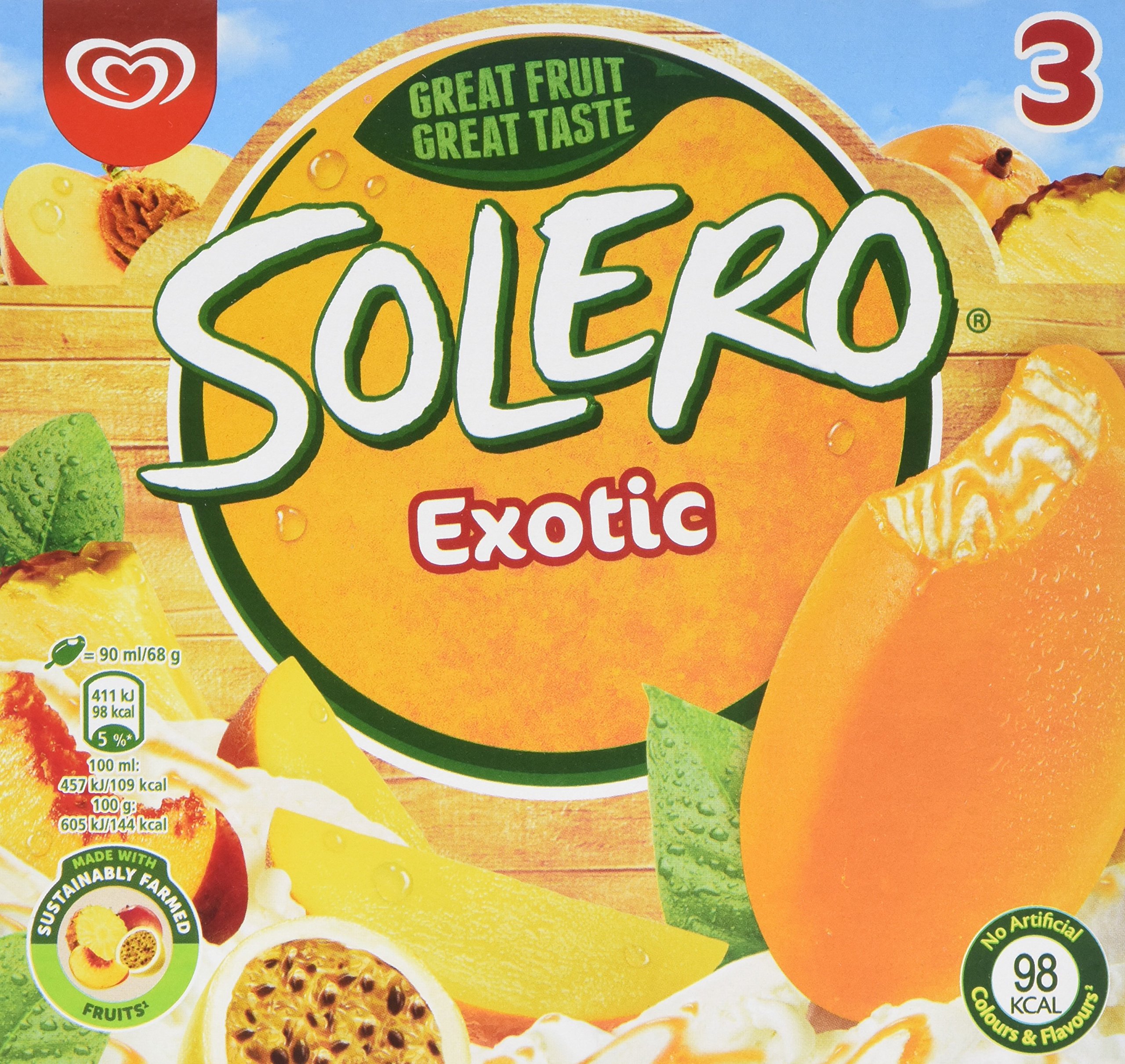 Solero Exotic contains no artificial colours or flavours Ice Cream fruit ice lolly 3 x 90 ml