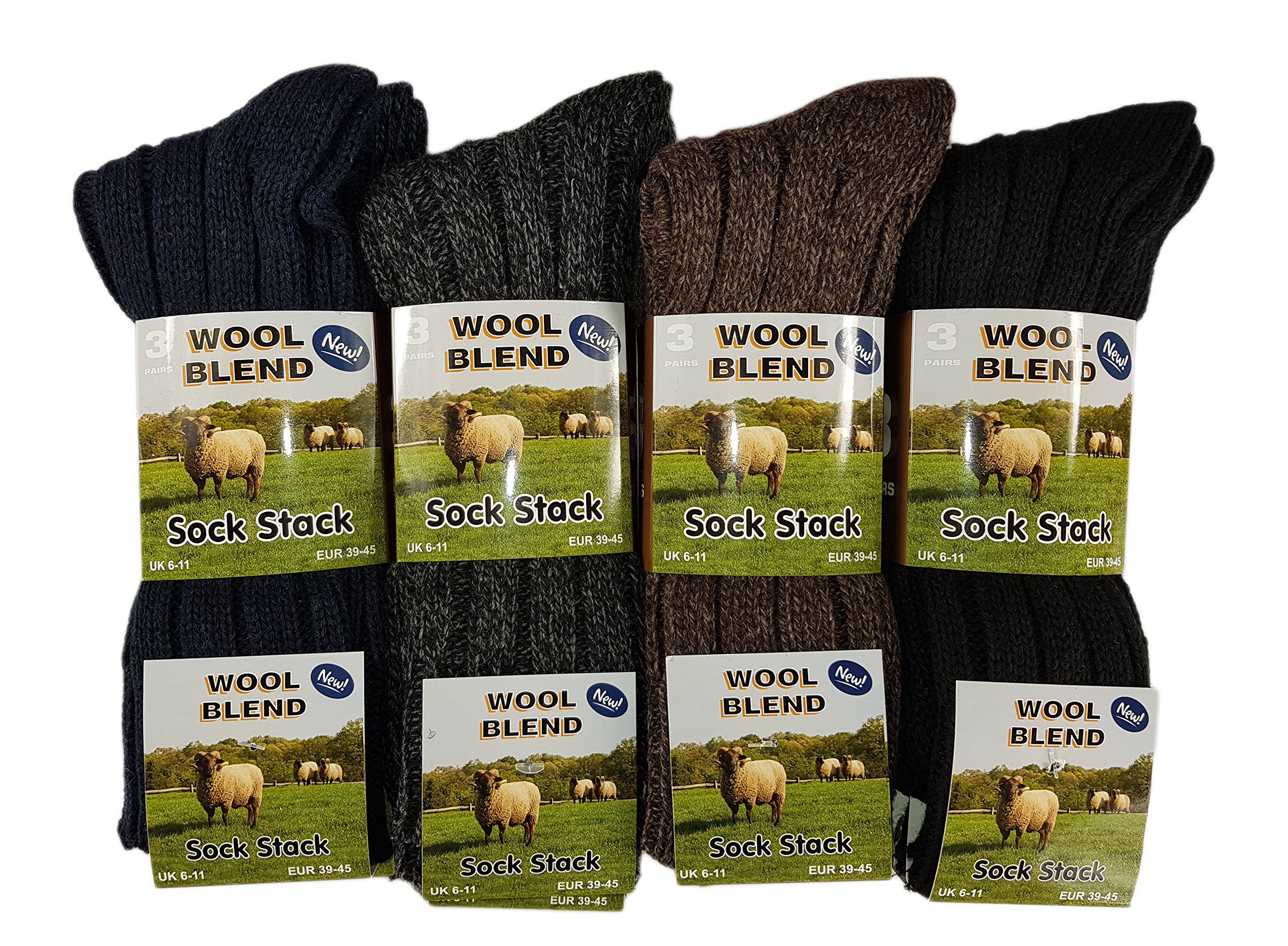 Men's Chunky Wool Socks With Contrast Heel & Toe, 6 Pairs