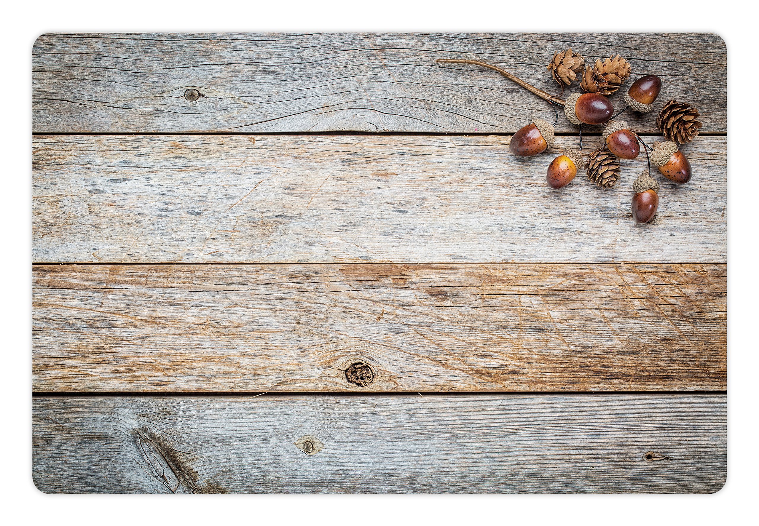 Ambesonne Rustic Pet Mat for Food and Water, Acorns and Cones on Weathered and Grained Wooden Background Timber Autumn Theme Image, Non-Slip Rubber Mat for Dogs and Cats, 18" X 12", Brown