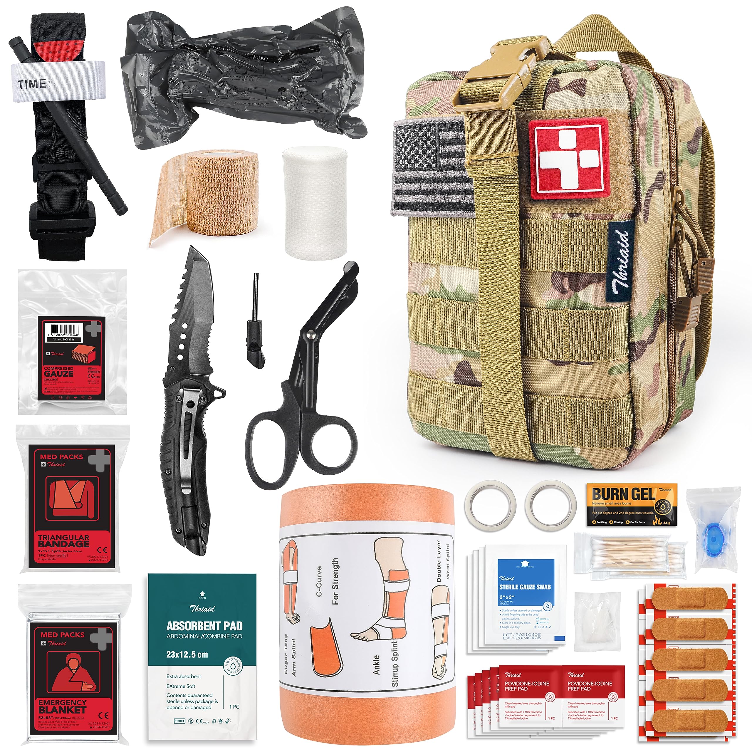 Survival First Aid Kit with Tourniquet, 6" Israeli Bandage, Splint, Tactical Military Combat Molle IFAK for Wound Care, Bleeding Control, Trauma Hemorrhage and More (Camo)