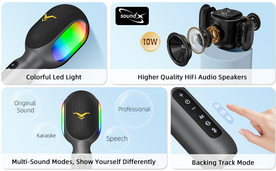 Colorful led light & HiFi Stereo Speakers & Muiti-Sound Modes & Voice Cancelling Technology