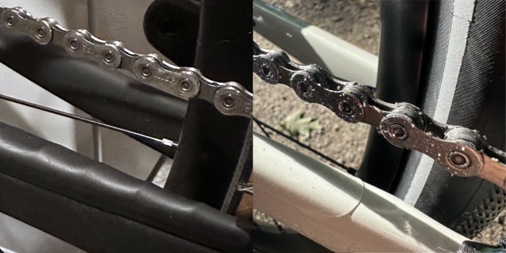 A collage of two photos showing the chains of my two bicycles as close up. Left chain is from my old gravel bike and the chain is waxed and clean. Right is the new bike with an oiled chain and sand and dirt sticks to it.