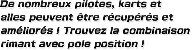 De nombreux pilotes, karts et ailes peuvent être récupérés et
améliorés ! Trouvez la combinaison rimant avec pole position !