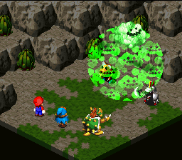 Screenshot of Bowser's second special attack, Poison Gas, from Super Mario RPG: Legend of the Seven Stars