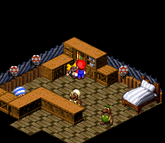 Mole girl in the Item Shop giving Mario the Carbo Cookie in exchange for Shiny Stone in Moleville of Super Mario RPG: Legend of the Seven Stars.