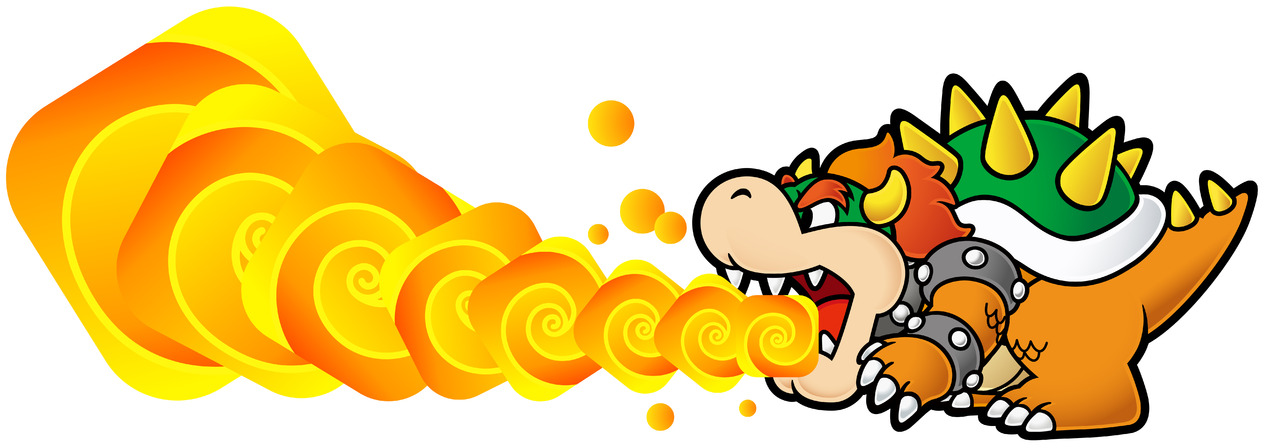 Bowser in Super Paper Mario, breathing fire.