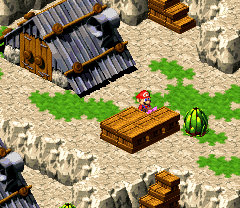 Mole girl near the crates giving Mario the Shiny Stone in exchange for Fireworks in Moleville of Super Mario RPG: Legend of the Seven Stars.