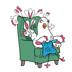 A cartoon image of a joyful chicken, sitting comfortably in a green armchair, knitting happily with blue yarn, surrounded by pink and white flowers, looking for DIY project ideas. -Marly Bird