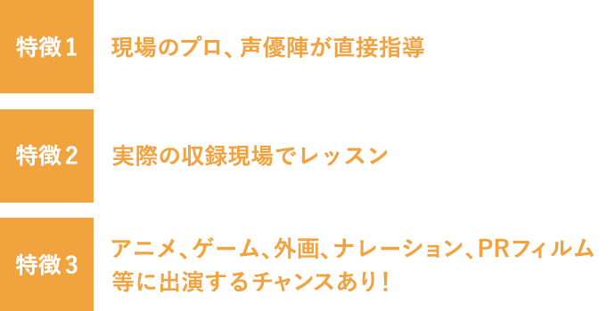 特徴１：現場の俳優が指導。特徴２：実際の録音現場でレッスン。特徴３：外画、アニメ、PRフィルム、ナレーション等に出演するチャンスあり！