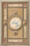 Design for a carved and painted ceiling with clouds and ducks in the central circular panel