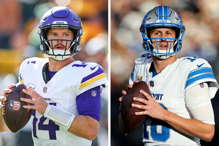 A side by side split image of Sam Darnold and Jared Goff.