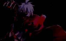 a man with white hair and red eyes is holding a sword in his hand .