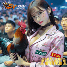 a woman holding a rooster with sv388 museum bola written on the bottom