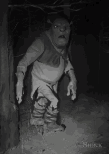 a black and white drawing of shrek standing in the dark