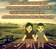 a cartoon of a boy and a girl holding hands on a track with the words a maioria das pessoas tem compromisso