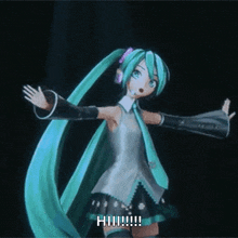 hatsune miku is dancing with her arms outstretched and says hiii !!!