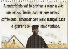 a drawing of a man standing in front of a house with a quote in portuguese