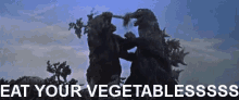 two monsters fighting with the words eat your vegetablesss