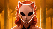 a person wearing a cat mask with red hair .