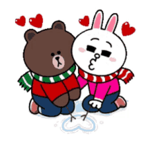 a brown bear and a white rabbit are kissing on the ice