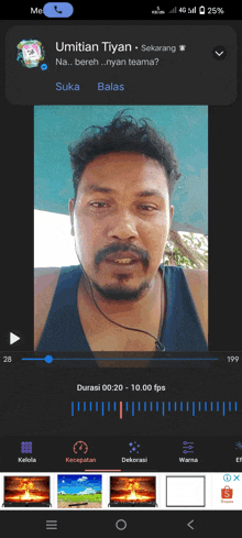 a phone screen shows a video of a man with the name umitian tiyan