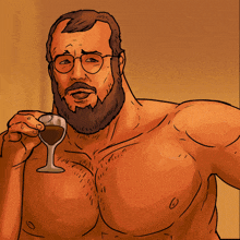 a shirtless man with a beard and glasses holds a glass of wine