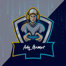 a logo for ady_gamer shows a man wearing headphones holding a video game controller