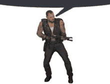 a man is holding a gun and a speech bubble above him .