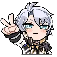 a cartoon character with white hair and blue eyes giving the peace sign