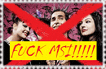 a postage stamp with a man and two women and the words fuck msi !!!