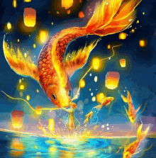 a painting of a fish with lanterns floating in the water