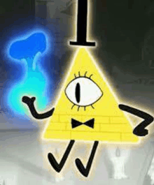 bill cipher from gravity falls is a cartoon character with a yellow pyramid and a blue light behind him .