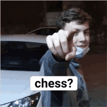 a man wearing a face mask is pointing at the camera with the word chess above him