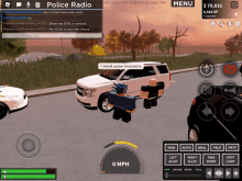 a screenshot of a game called police radio shows a man standing in front of a police car