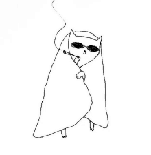 a black and white drawing of a cat wrapped in a blanket with sunglasses and smoking a cigarette .