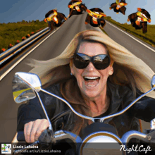 a picture of a woman riding a motorcycle with the name lizzie lahaina on the bottom