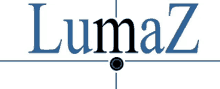 a blue and white logo for lumaz with a black circle in the middle