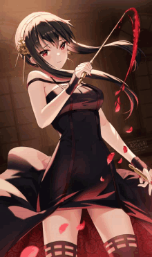 a girl in a black dress is holding a red sword