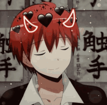 a red haired anime character with black hearts on his head