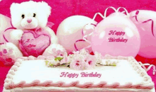 a teddy bear is sitting on top of a birthday cake with balloons and flowers .