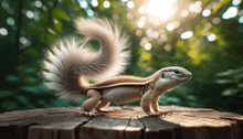 a squirrel standing on a tree stump with a long tail