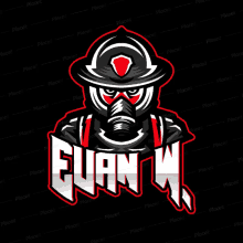 a logo with a fireman wearing a gas mask and the name evan w