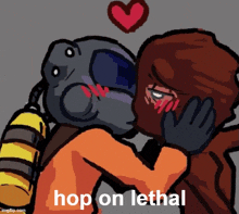 a cartoon of two people kissing with the words hop on lethal underneath