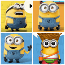 a collage of four pictures of minions with different hairstyles