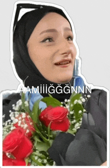 a sticker of a woman in a hijab holding a bouquet of roses