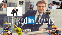 a man in a suit is surrounded by a bunch of linked in lovers characters