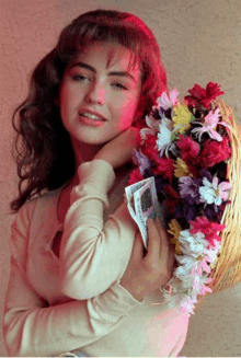 a woman holding a basket of flowers and a stack of money